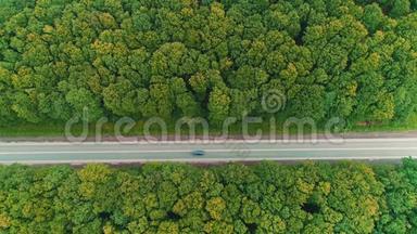 在森林中快速行驶的汽车的空中视野。 4K.